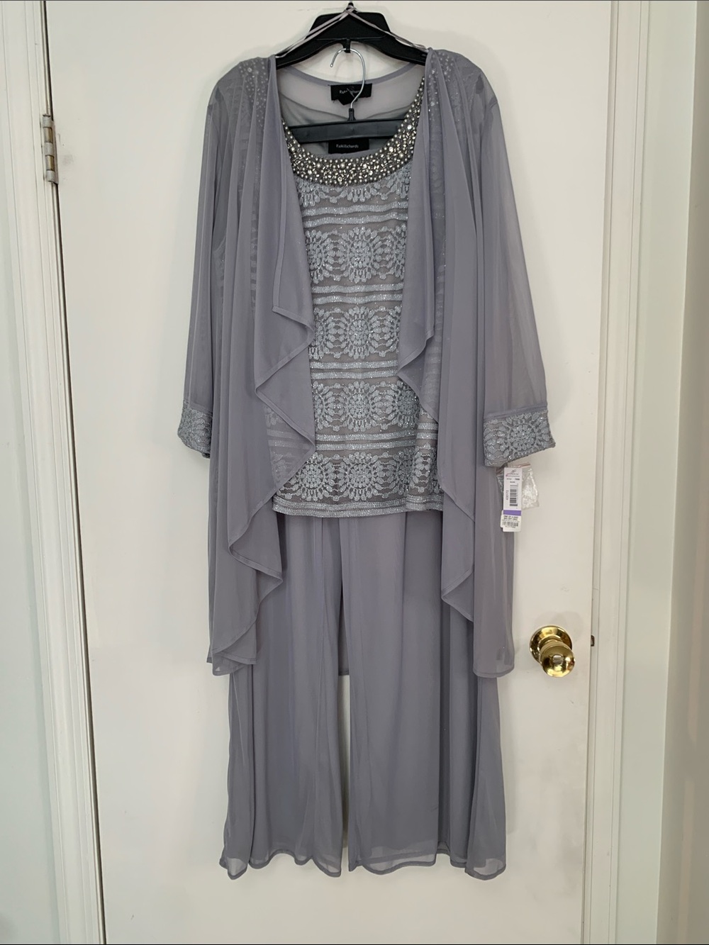 R&M Richards Silver Grey Beaded Lace Wide-Leg Jumpsuit 3 piece Set NWT Size 18 - Picture 5 of 17